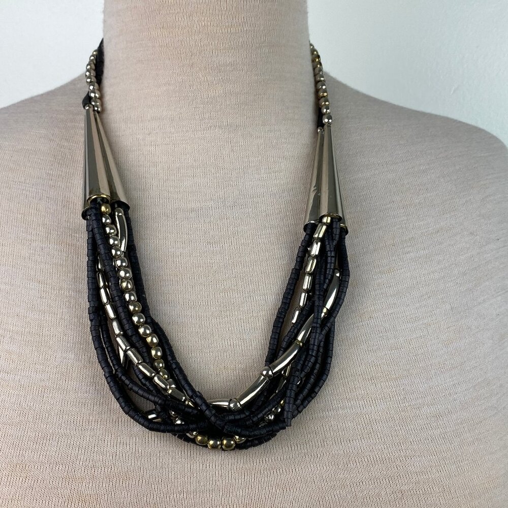 Multi-Strand (9) Wood & Silver Bead Cone Ethnic Tribal Necklace 27.5" Statement